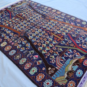 3&#39;4x5&#39;2 ft One of a Kind Vintage Rug Tree of Life design Antique floral Pictorial rug, Afghan Handmade Natural dyes Wool Oriental Baluch Rug