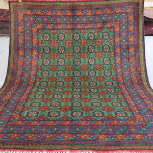 5x7 ft Green Bukhara Rug, Afghan Handmade Veg dyes Plush Wool Carpet, Turkmen Tribal Area Rug, Oriental Green Rug, Bedroom Rug, Kitchen Rug