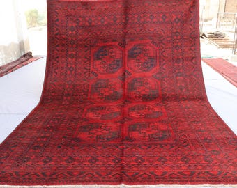 7x10 Vintage Ersari Rug, High Pile Vintage Wool Rug, Afghan Handmade Area Rug, Turkmen Bukhara Rug, Red Tribal Rug, Antique Oriental Carpet