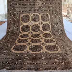 1940s Antique 6&#39;6x9 Large Area Rug, Afghan Soft Pile Terracotta Brown Handmade Wool Rug, Oriental Turkmen Tribal Bukhara Rug, Bedroom Carpet