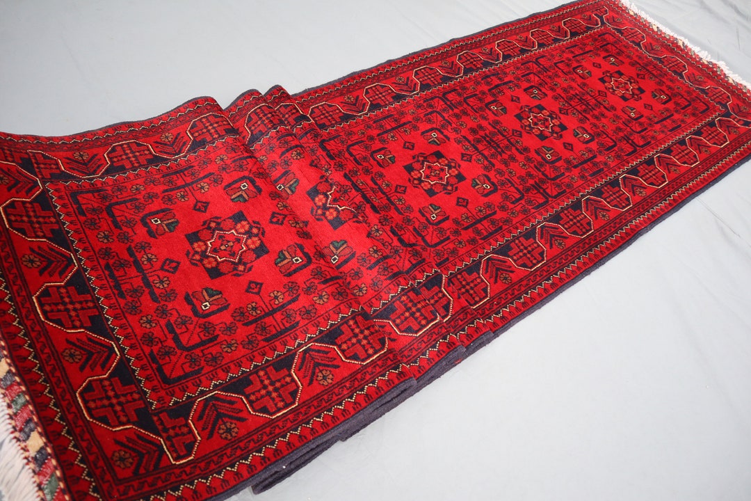 Long 16 Ft Runner Rug, Turkmen Bukhara Rug, Red Afghan Runner Rug, Khal ...