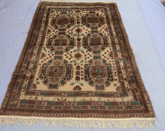 Beige Brauner Vintage Teppich 1,2x2,5m Antiker Geometrischer Teppich, Handgemachter Wollteppich aus Afghanistan, Schafwolle, Teppich für Schlafzimmer
