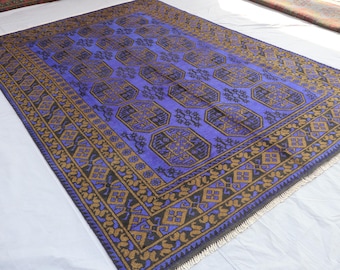 6'6x9'2 ft Navy Blue Area Rug, Afghan Hand Knotted veg dyes Soft Plush Wool Carpet, Turkmen Tribal Ersari Rug, Oriental Rug, Living Room Rug
