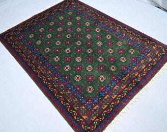 5 x 2 ft Grüner Buchara Teppich, Afghan Handgemachter Teppich aus Wolle für Veganer, Turkmen Stammes Teppich, Teppich für Schlafzimmer, Küchenteppich