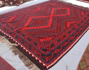 7'6x15'0 ft ヴィンテージキリムラグ、バーガンディオレンジアフガン