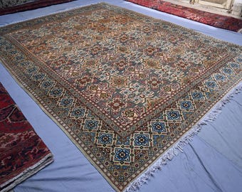 Large Antique Rug 10x13 Heriz Geometric Handmade Wool Tribal Rug, Soft Pile Natural dyes Rug, Beige Gray Blue, Living Room Rug, Bedroom Rug