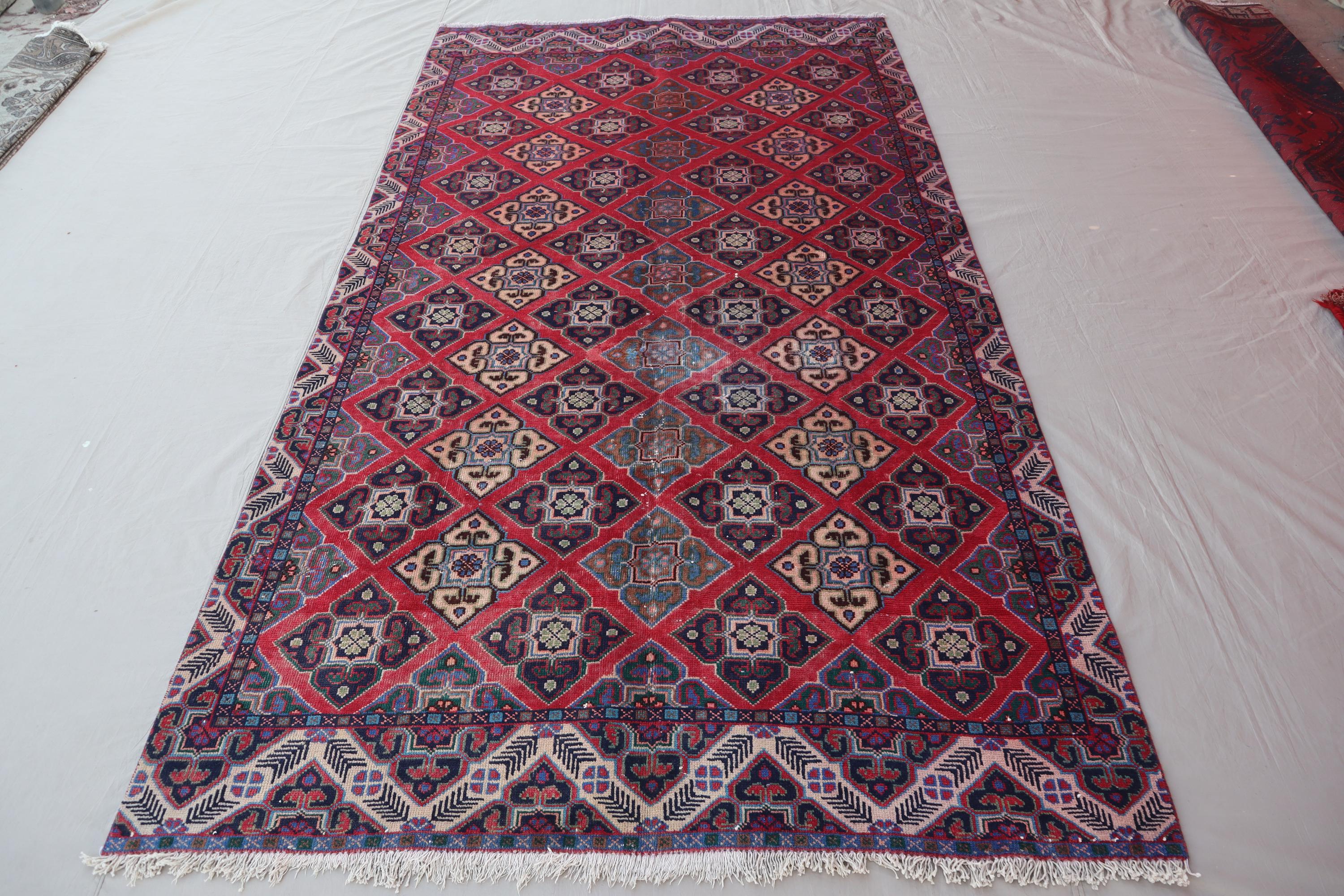 1920s Antique Rug 5'6x9'9 ft Red Afghan Handmade low Pile Wool Rug, Oriental Geometric Baluch Rug, Tribal faded Caucasian Rug, Kitchen Rug