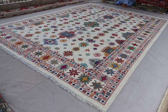 10x14 Beige Tribal Area Rug, Large Afghan Rug, Hand Knotted Wool Rug, Contemporary Rug, Farmhouse decor Rug, Oriental Rug, Dining Table Rug