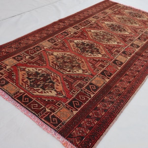 1940s Vintage Rug 3x5 Afghan Handmade Antique low Pile Rug, 2&#39;9x5&#39;2 ft Terracotta Red Oriental Wool Rug, Turkmen Tribal Rug, Kitchen Carpet