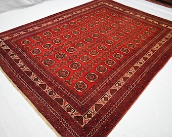 8x11 Large Vintage Bukhara Rug - Red Afghan Hand Knotted Wool Area Rug - Turkmen Tribal Rug - Antique Geometric Old Caucasian Style Carpet