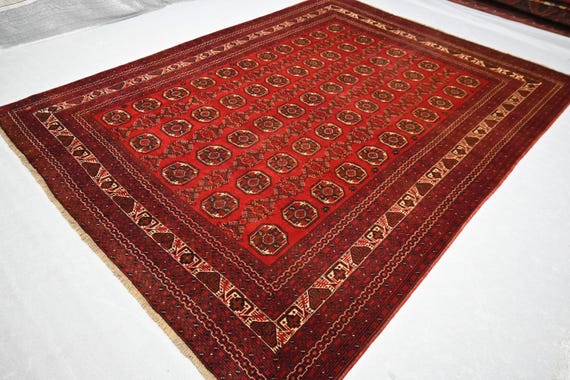8x11 Large Vintage Bukhara Rug - Red Afghan Hand Knotted Wool Area Rug - Turkmen Tribal Rug - Antique Geometric Old Caucasian Style Carpet