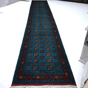 3x16 ft Blue Long Runner Rug, Afghan Wool Rug, Hand Knotted Rug, Mowri Oriental Rug, Turkmen Bukhara Rug, Hallway Runner, Corridor Runner