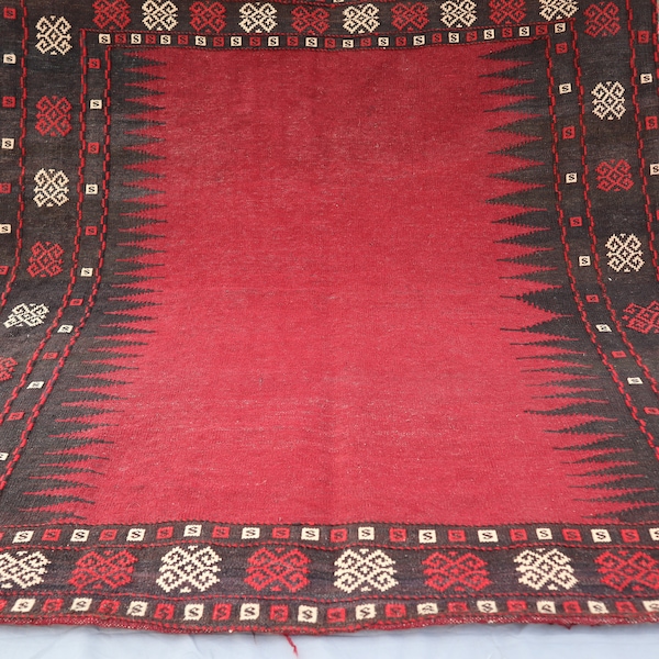 4x4 ft Vintage Square Rug, Black Red Afghan Antique Flatweave Kilim Rug, Handmade Wool Square Area Rug Turkmen Tribal Rug, One of a Kind Rug