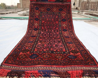 2'9x5'7 ft Vintage Baluch Rug, Hand Knotted Afghan Natural dyes Wool Area Rug, Soft Pile Geometric Boho Rug, Antique Oriental Turkmen Rug