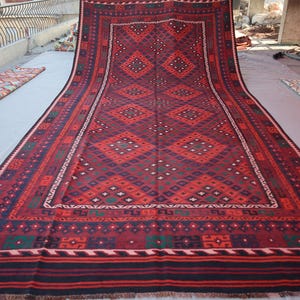 8x16 ft Large Vintage Rug - Authentic Afghan Handmade Kilim Wool Rug - Flatweave Geometric Rug, Vintage Turkmen Soumak Rug - Living Room Rug
