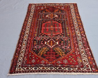 3x5 ft Red Antique Rug, Afghan Caucasian Rug, Handmade Wool Rug, Tribal Geometric Rug, Turkish Vintage Heriz Rug, Oriental Rug, Kitchen Rug