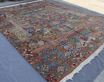 Collectors piece 10x13 ft Large Pictorial Rug - Multicolor Tribal Handmade veg dyes Wool Area Rug, Oriental Antique Rug - Kids Room Carpet