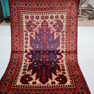 4&#39;2x6&#39;6 ft Blue Vintage Afghan Rug, Turkmen Hand-knotted Wool Area Rug, Tribal Antique Oriental Baluchi Rug, Living Room Rug, 4x6 Afghan Rug