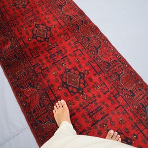 13 ft Antique Runner rug, Khal Mohammadi Hand Knotted Wool runner rug, Vintage Afghan Bukhara Rug, Tribal Turkmen Rug, Long Hallway Runner