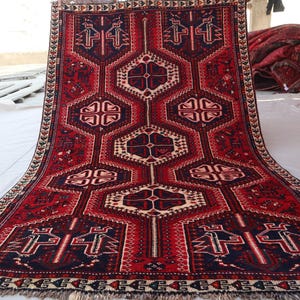 5x8 One of a kind Vintage Area Rug, Handmade Wool Rug, Antique Caucasian Rug, Red Tribal Rug, Geometric Afghan Rug, Bedroom Rug, Office Rug