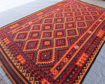 7'6x15'0 ft ヴィンテージキリムラグ、バーガンディオレンジアフガン