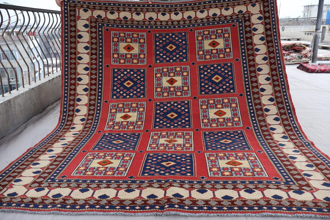 6x7 Rug Antique Rug 6x7 Ft Afghan Handmade Soumak Kilim Wool Rug, Turkmen ...