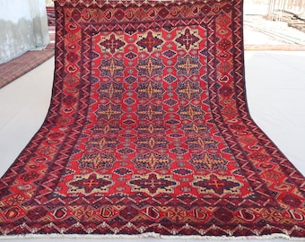 Tapete Bukhara com padrão floral afegão antigo de 4'5x6'3 pés, feito à mão, lã vermelha desbotada, tapete oriental vintage, tapete tribal turcomano, tapete de quarto