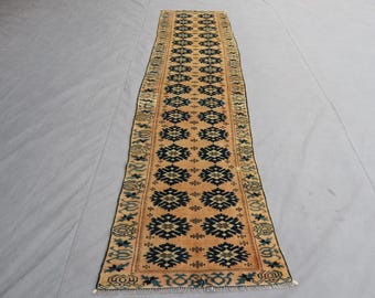 2'7x10'2 ft Long Vintage Runner Rug, Geometric Handmade Wool Rug, Terracotta Afghan faded Antique Oriental Rug, Hallway Runner, Kitchen Rug