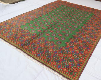 7x10 Green Rug, Turkmen Bukhara Rug, Afghan Handmade Rug, Plush Wool Rug, Oriental Area Rug, Rug for Bedroom, Living Room Rug, Tribal Rug