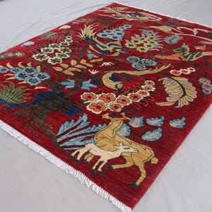 5x7 Handmade Art Rug, Afghan Gabbeh Rug, Hand Knotted Wool Rug, Animal Hunting Birds Pictorial Rug, Oriental Home decor Rug, Kids Room Rug