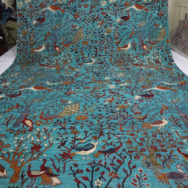 9x12 Birds Pictorial Rug - Turquoise Blue Afghan Hand Knotted veg dyes Wool Area Rug - One of a kind Art Rug - Tree of life Gabbeh Boho Rug