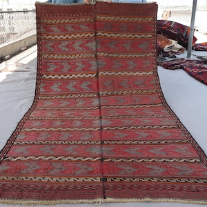 5x10 Vintage Turkmen Soumak Rug, Rust Colors Afghan Handmade Wool Rug - Striped Baluch Flatweave Kilim Large Boho Area Rug, Living Room Rug