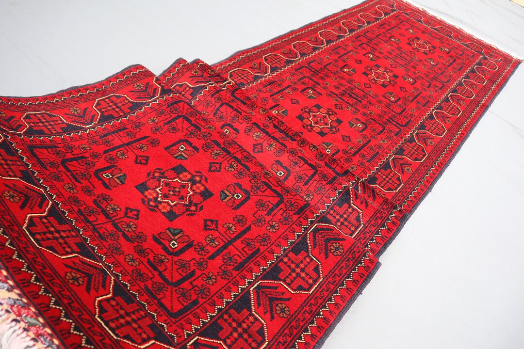 Long 16 Ft Runner Rug, Turkmen Bukhara Rug, Red Afghan Runner Rug, Khal ...