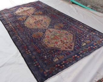 Vintage Geometric rug 4x8 Dark Blue Handmade Wool Tribal Faded rug Antique Afghan Baluchi rug, Caucasian design Floral Rug, Kids Room Carpet