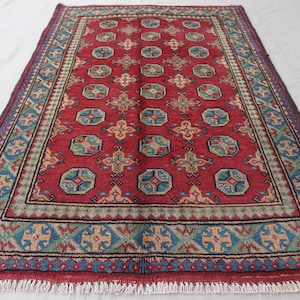 3x5 Red Afghan Bokhara Rug - Turkmen Hand Knotted veg dyes Wool Oriental Rug - Tribal Area Rug - Home decor - Bedroom - Kitchen - Office Rug