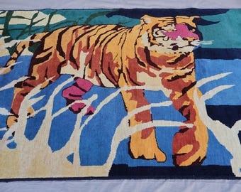 4&#39;2x6&#39;4 Animal Hunting Pictorial Rug, Green Blue Orange Afghan Hand Knotted Wool Natural dyes Rug, Tiger Art Deco rug - Best for Kids Room