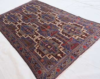 1960s Antique Rug 4x6&#39;7 ft Afghan Handmade Soft low Pile Wool Area Rug, Vintage faded Caucasian Geometric Navy Blue Rug, Office Bedroom Rug