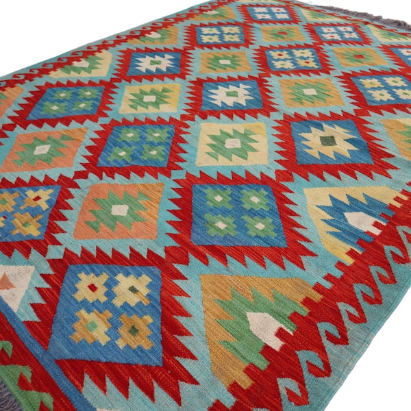 6x8 ft Afghan Kilim Rug - Soft Blue Orange Red Flatweave Handmade Wool Natural Vegetable dyes Geometric Turkmen Oriental Rug - Bedroom Rug