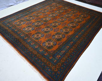 8x10 Golden Orange Rug, Afghan Vintage style Rug, Hand Knotted Wool Rug, Turkmen Ersari Bukhara Tribal Area Rug, Oriental Rug, Bedroom Rug