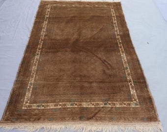 1940s Antique Rug 4x6 Afghan Geometric Baluchi Rug, Turkmen Handmade Wool Tribal faded Rug, Oriental Brown Rug, Living Room Rug, Bedroom Rug