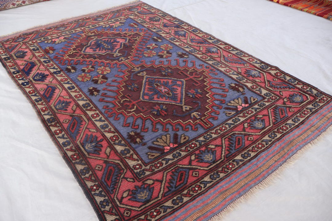 Rust Blue Rug Geometric Pattern 4x6 Afghan Geometric Rug, Rust Blue Faded Handmade Low Pile Wool Rug ...