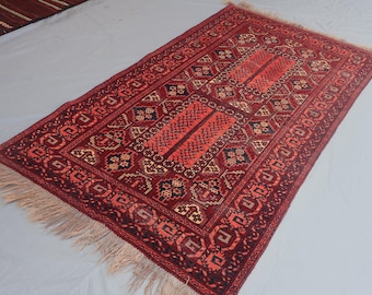 Collectors piece 4x7 Handmade Vintage Rug, Low Pile Wool Rug, Turkmen Tekke Parda Rug, Rust Red Bukhara Rug, Oriental Area Rug, Bedroom Rug