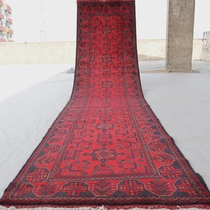 Red 13 ft Runner Rug Geometric design Rug, Turkmen Tribal Rug, Handmade Wool Rug, Oriental Rug, Long Hallway Runner, Kitchen Runner Rug 3x13