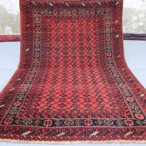 4x6 Vintage Turkmen Bashiri Bukhara Rug Red Faded Afghan Handmade low pile Wool Area rug, Oriental Antique Rug, Rug for Bedroom, Kitchen Rug