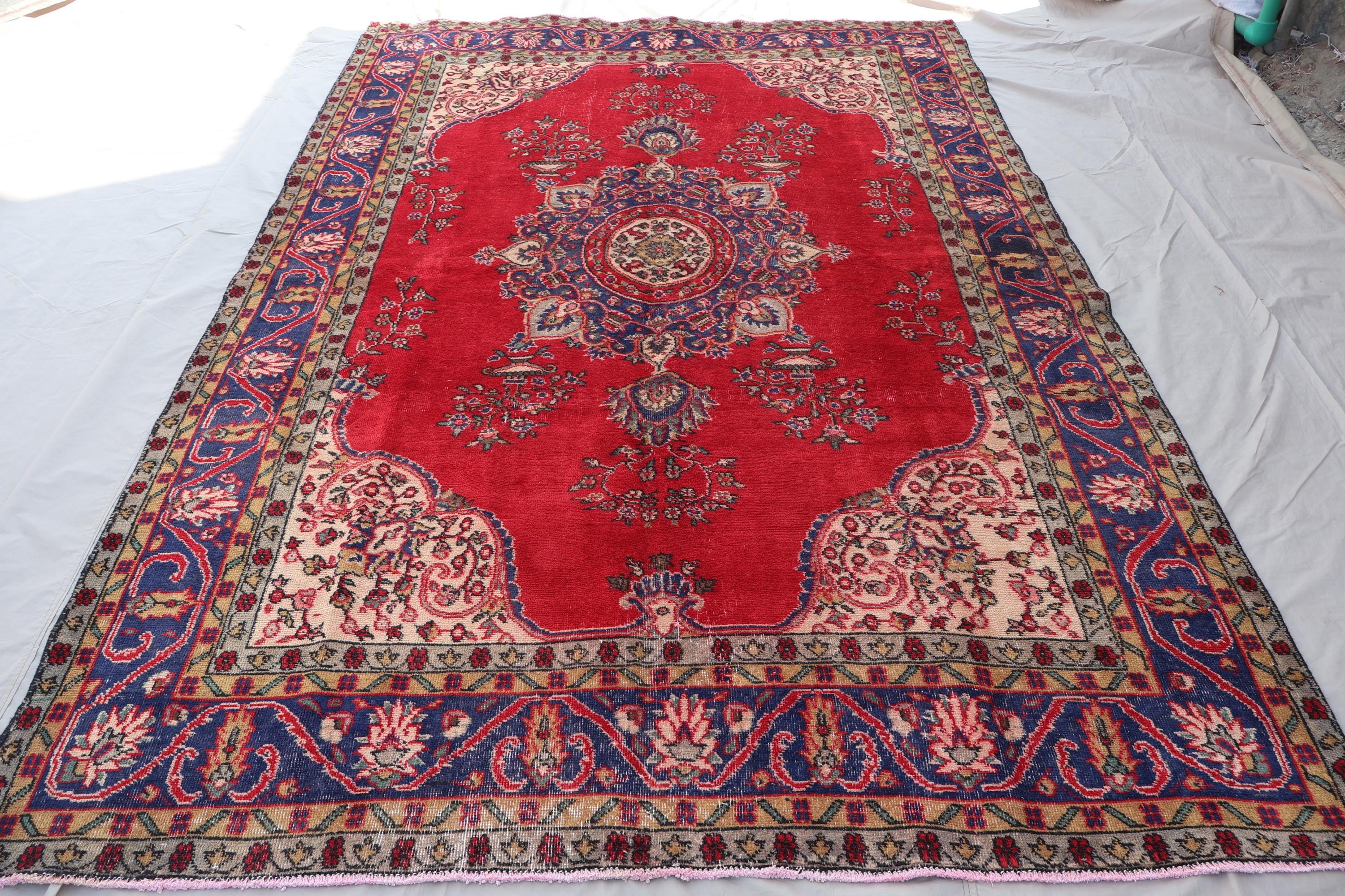 シャビー　ローズレッド　赤ラグ　196×84 メダリオン　トルコヴィンテージラグ nnto トルコヴィンテージラグ 超大判 260×134 高級 朱赤 超大判 260×