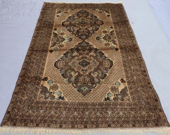 100x150 Gedeckter Antiker Teppich, Afghanischer Geometrischer Belutschistan Teppich, Turkmenischer Handgefertigter Wollteppich, Orientalischer Teppich Braun