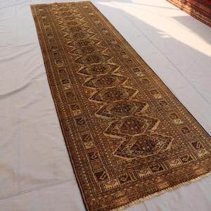 Antiek tapijt uit de jaren 1920 2'8 x 8'9" Turkmeense tribale loper, bruin vervaagd vervaagd tapijt, vintage Afghaans oosters tapijt, gang 9 ft loper, keukentapijt