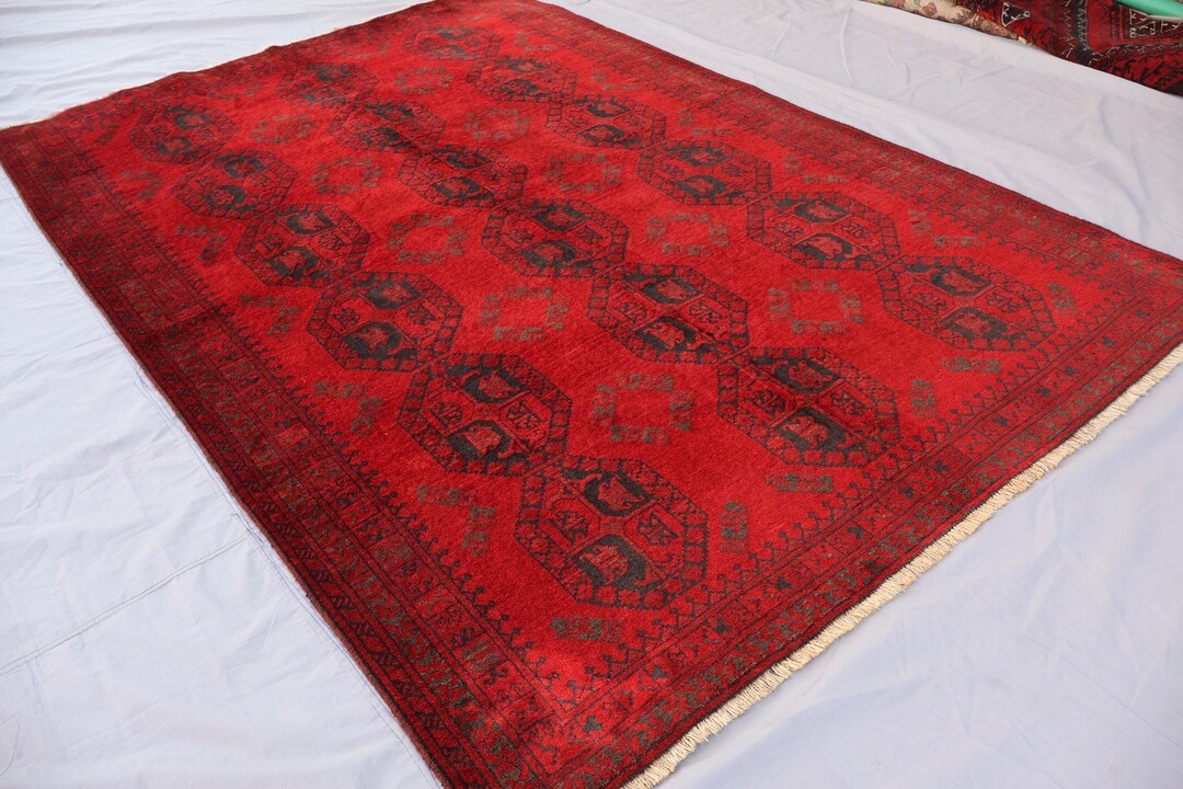 Red Ersari Rug 6'7x9'5 Afghan Fine Quality Hand Knotted Organic Dye ...