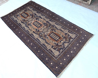 3'5x6'7 ft Brown Afghan Rug, Hand Knotted Wool Rug, Soft Pile Vintage Rug, Turkmen Tribal Baluchi Rug, Oriental Bedroom Rug, Kitchen Carpet