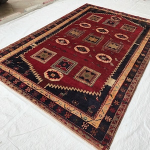 7x10 Afghan Caucasian Rug, Vintage Red Wool Rug, Hand Knotted Rug, Oriental Rug, Geometric Area Rug, Turkish Heriz design Rug, Bedroom Rug